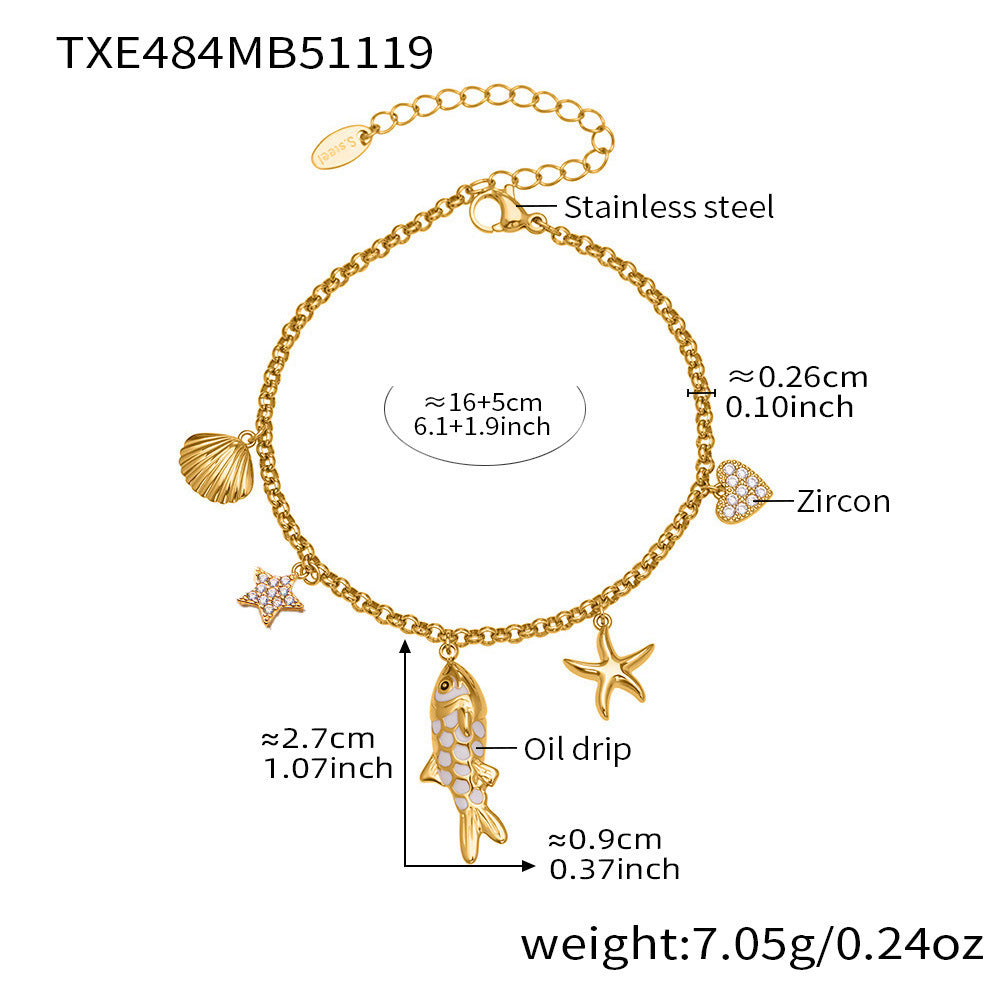 316L Stainless Steel 18K Gold Plated Zircon Koi Fish Star Heart Necklace & Bracelet Set - Image 3