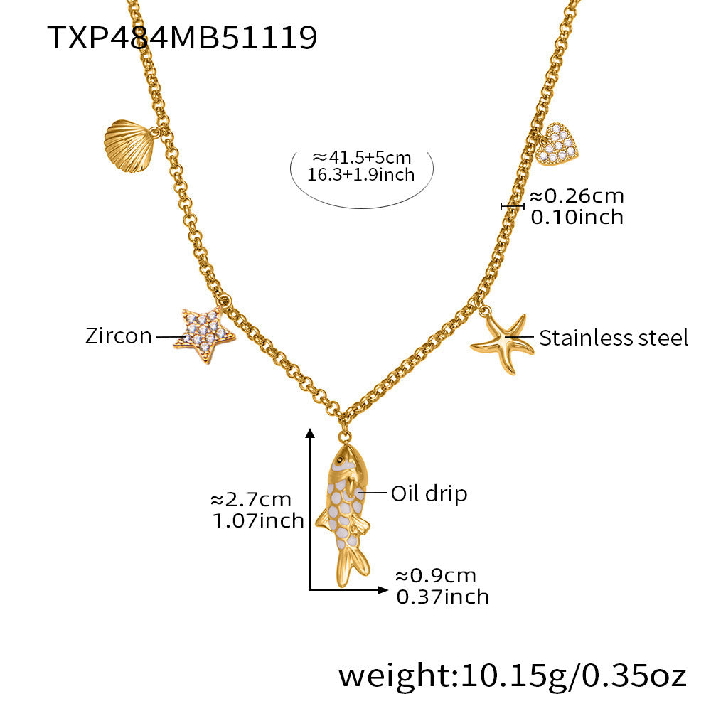 316L Stainless Steel 18K Gold Plated Zircon Koi Fish Star Heart Necklace & Bracelet Set - Image 4