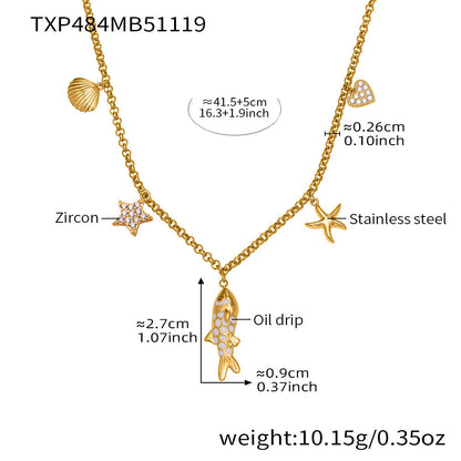 316L Stainless Steel 18K Gold Plated Zircon Koi Fish Star Heart Necklace & Bracelet Set - Image 4