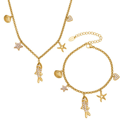 316L Stainless Steel 18K Gold Plated Zircon Koi Fish Star Heart Necklace & Bracelet Set - Image 5