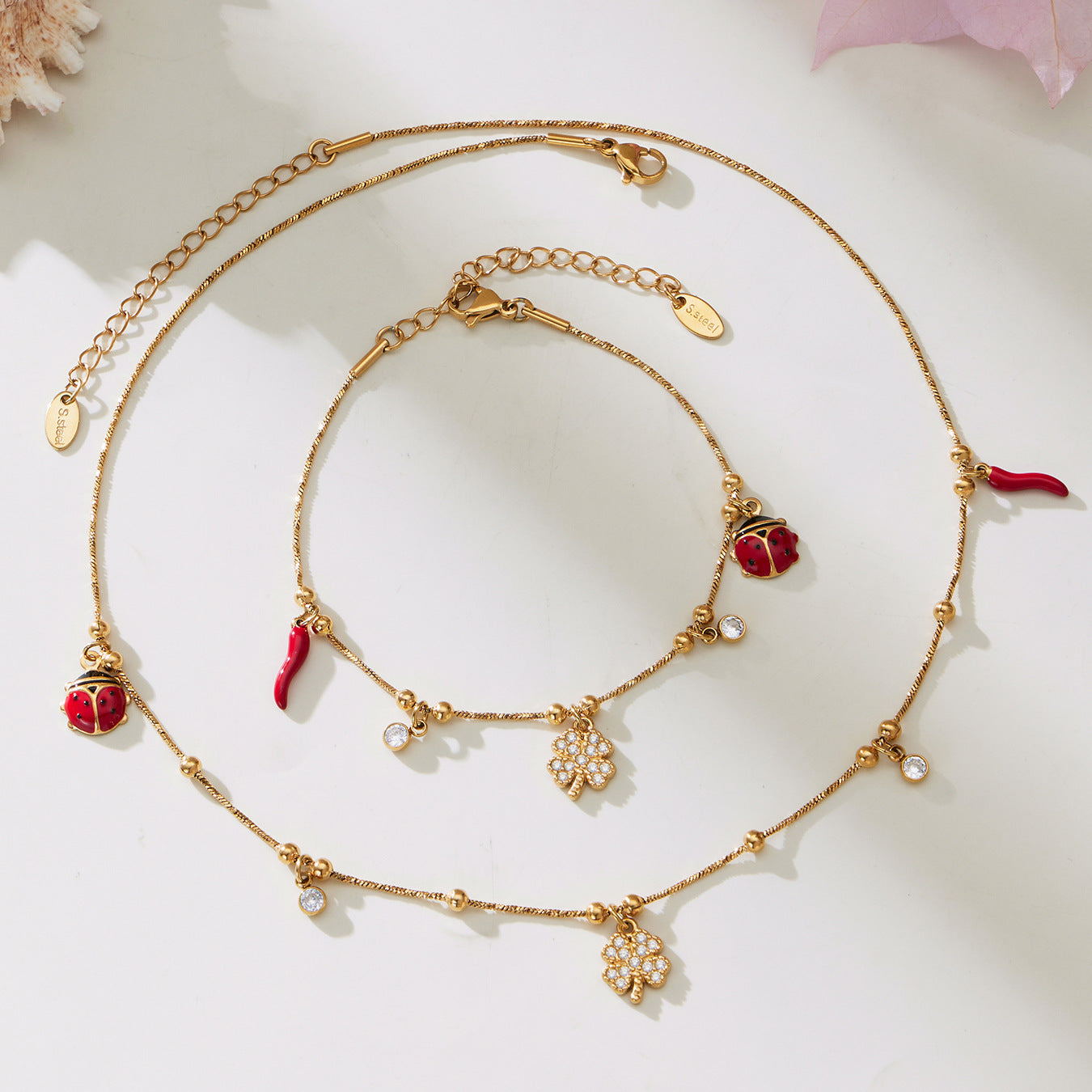 316L Stainless Steel 18K Gold Plated Zircon Lucky Clover Snake Chain Jewelry - Image 5