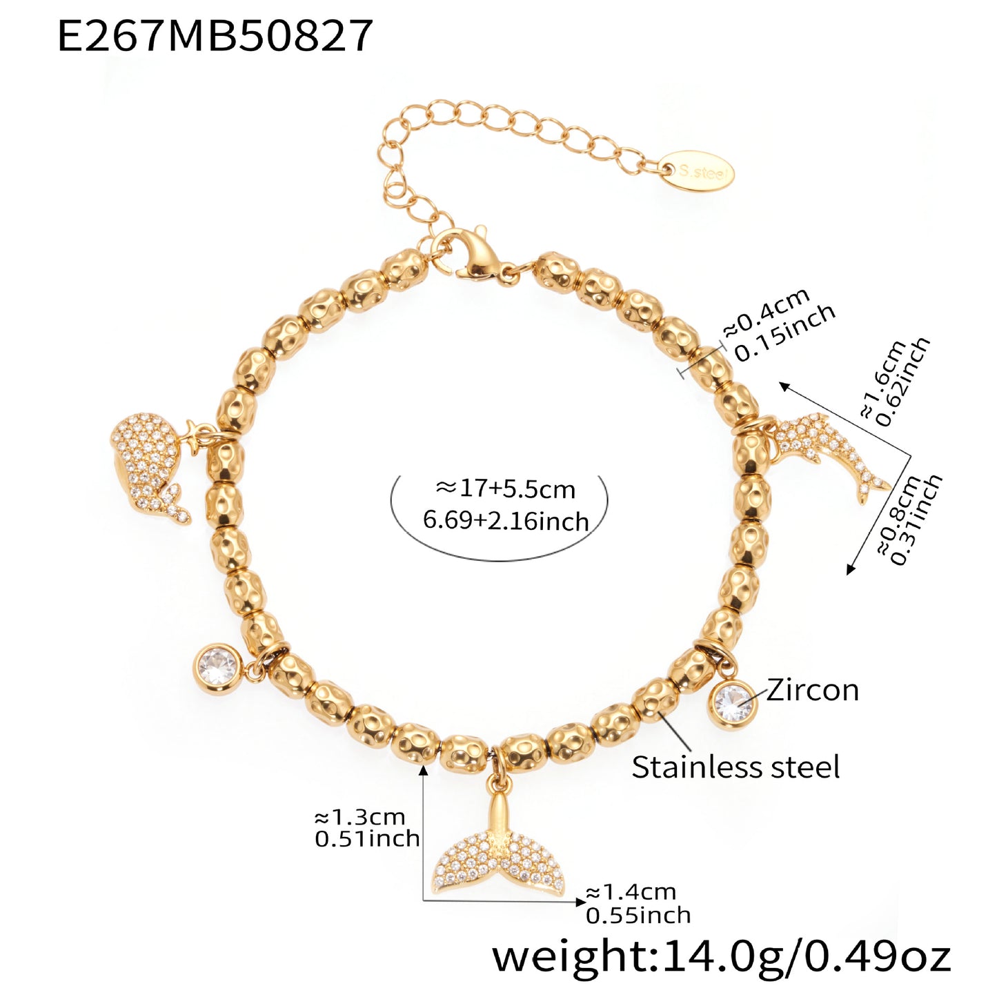 316L Stainless Steel 18K Gold Plated Zircon Mermaid Tail & Starfish Charm Beaded Bracelet - Image 1