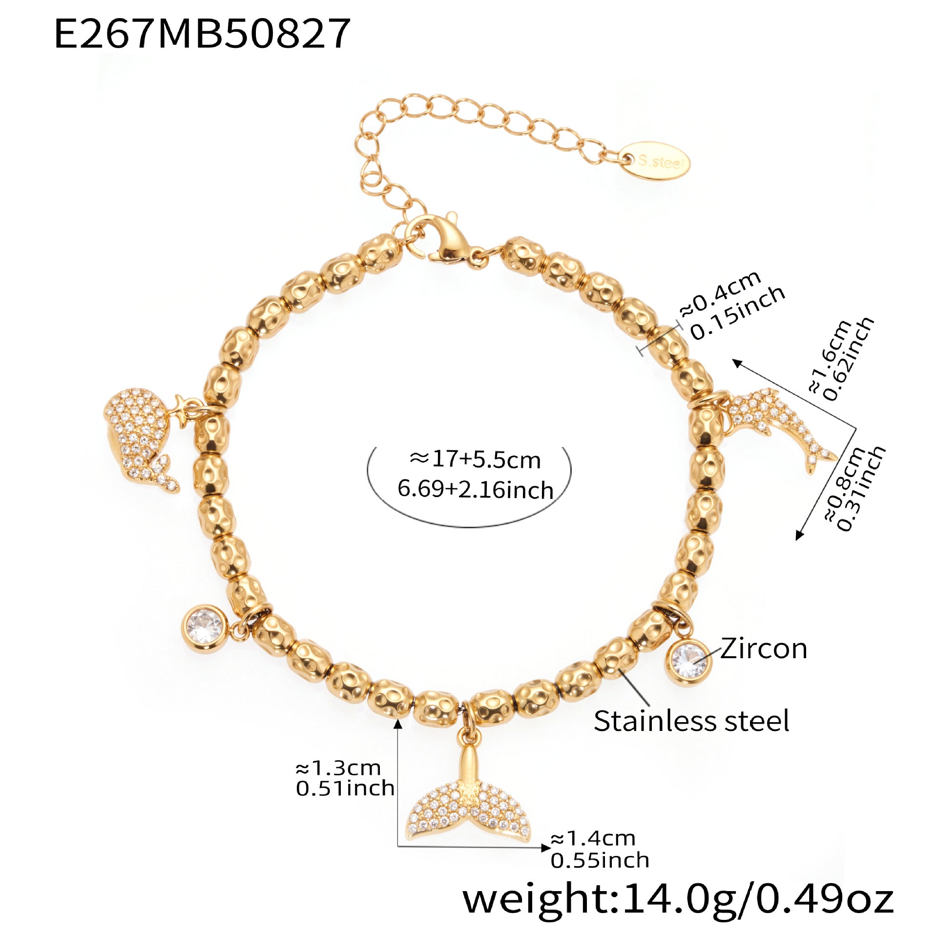 316L Stainless Steel 18K Gold Plated Zircon Mermaid Tail & Starfish Charm Beaded Bracelet - Image 1