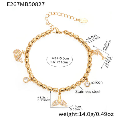 316L Stainless Steel 18K Gold Plated Zircon Mermaid Tail & Starfish Charm Beaded Bracelet - Image 1