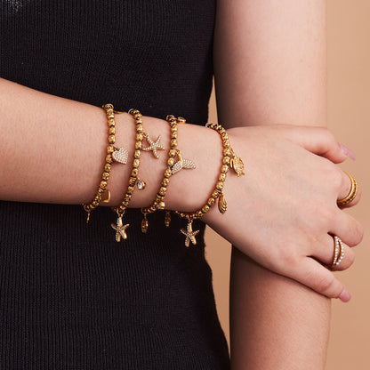 316L Stainless Steel 18K Gold Plated Zircon Mermaid Tail & Starfish Charm Beaded Bracelet - Image 10