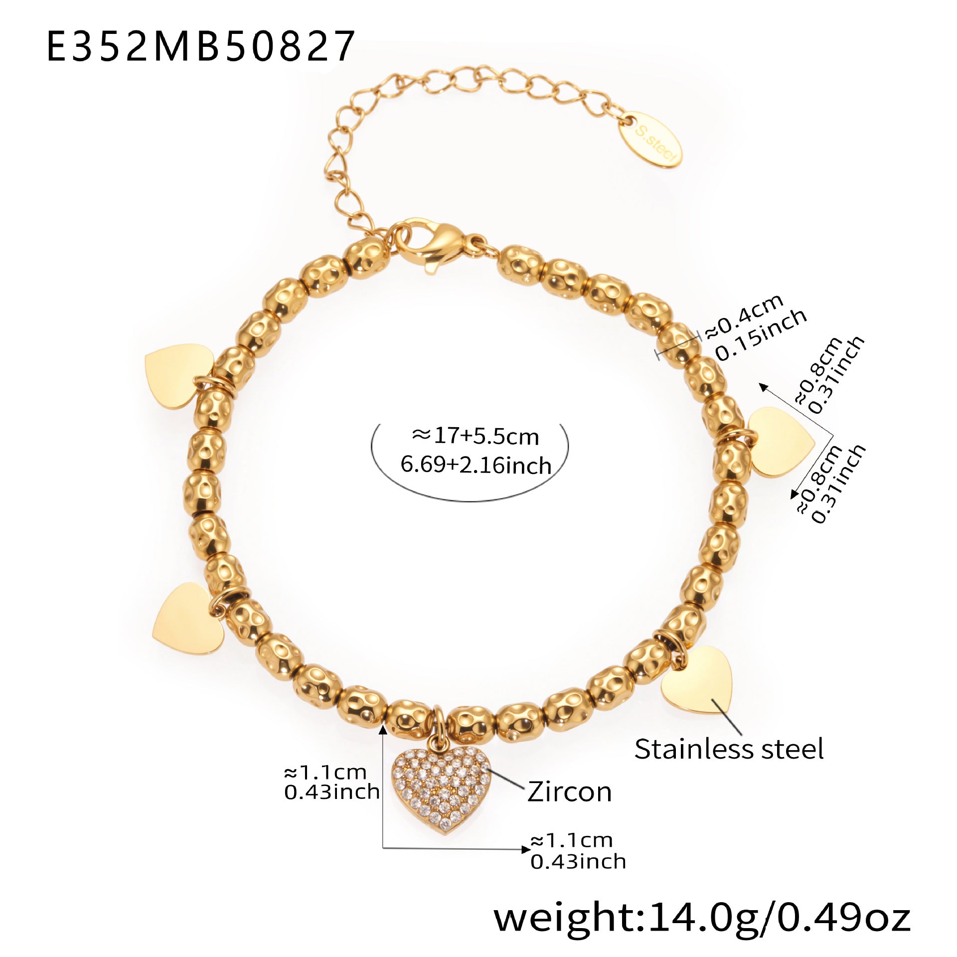 316L Stainless Steel 18K Gold Plated Zircon Mermaid Tail & Starfish Charm Beaded Bracelet - Image 2