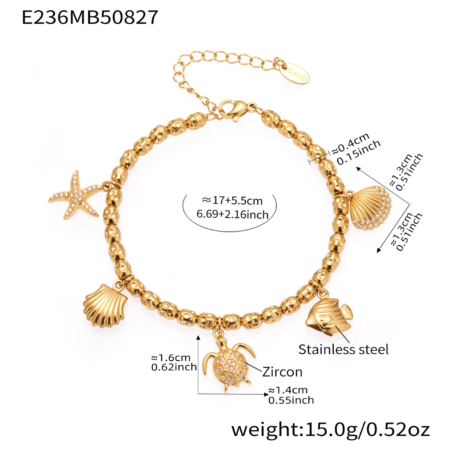 316L Stainless Steel 18K Gold Plated Zircon Mermaid Tail & Starfish Charm Beaded Bracelet - Image 3
