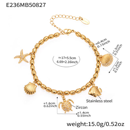 316L Stainless Steel 18K Gold Plated Zircon Mermaid Tail & Starfish Charm Beaded Bracelet - Image 3