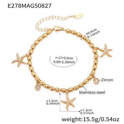 316L Stainless Steel 18K Gold Plated Zircon Mermaid Tail & Starfish Charm Beaded Bracelet - Image 4