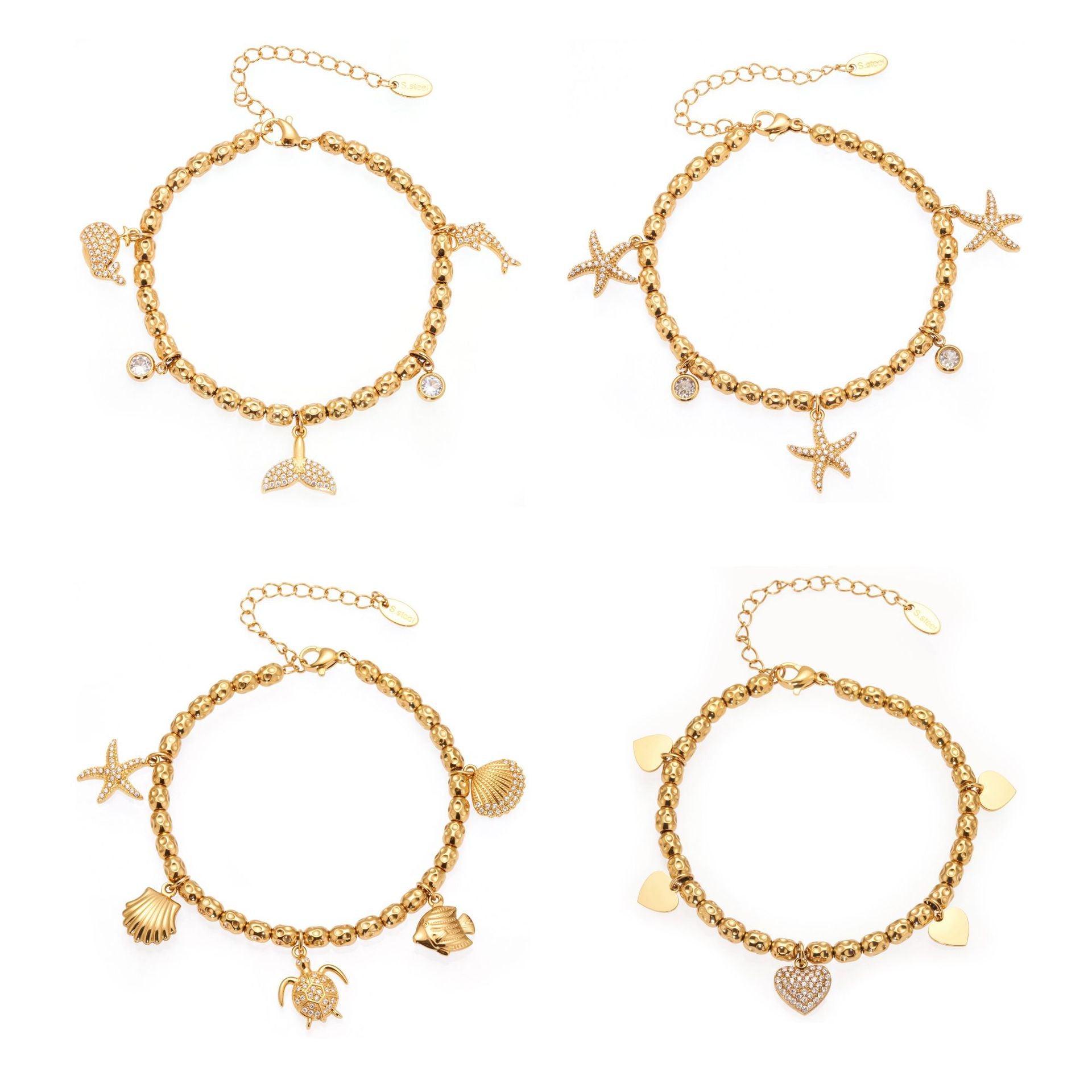 316L Stainless Steel 18K Gold Plated Zircon Mermaid Tail & Starfish Charm Beaded Bracelet - Image 5