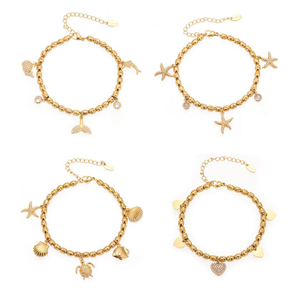 316L Stainless Steel 18K Gold Plated Zircon Mermaid Tail & Starfish Charm Beaded Bracelet - Image 5