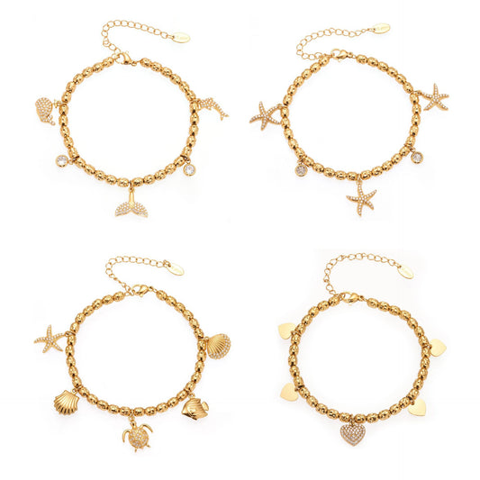 316L Stainless Steel 18K Gold Plated Zircon Mermaid Tail & Starfish Charm Beaded Bracelet - Image 5