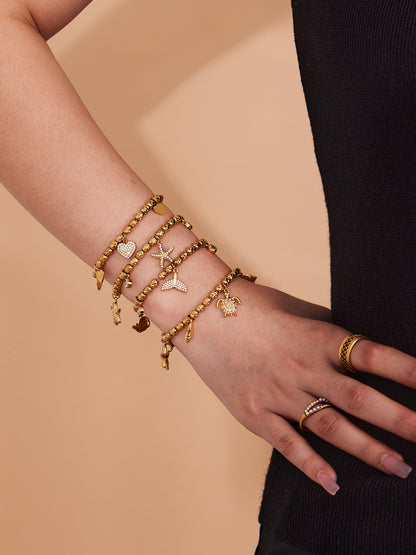 316L Stainless Steel 18K Gold Plated Zircon Mermaid Tail & Starfish Charm Beaded Bracelet - Image 6