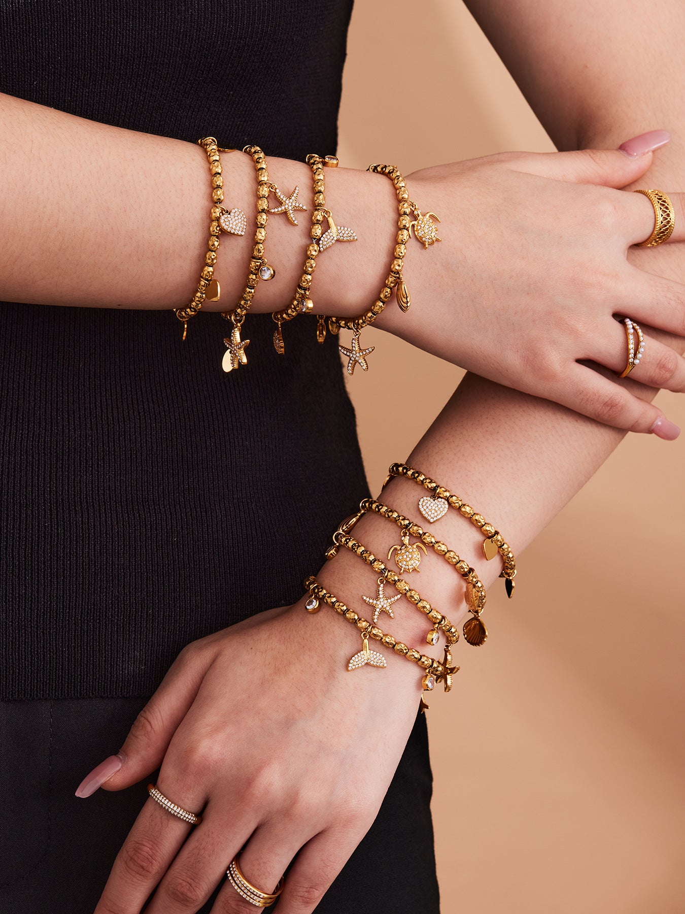 316L Stainless Steel 18K Gold Plated Zircon Mermaid Tail & Starfish Charm Beaded Bracelet - Image 7