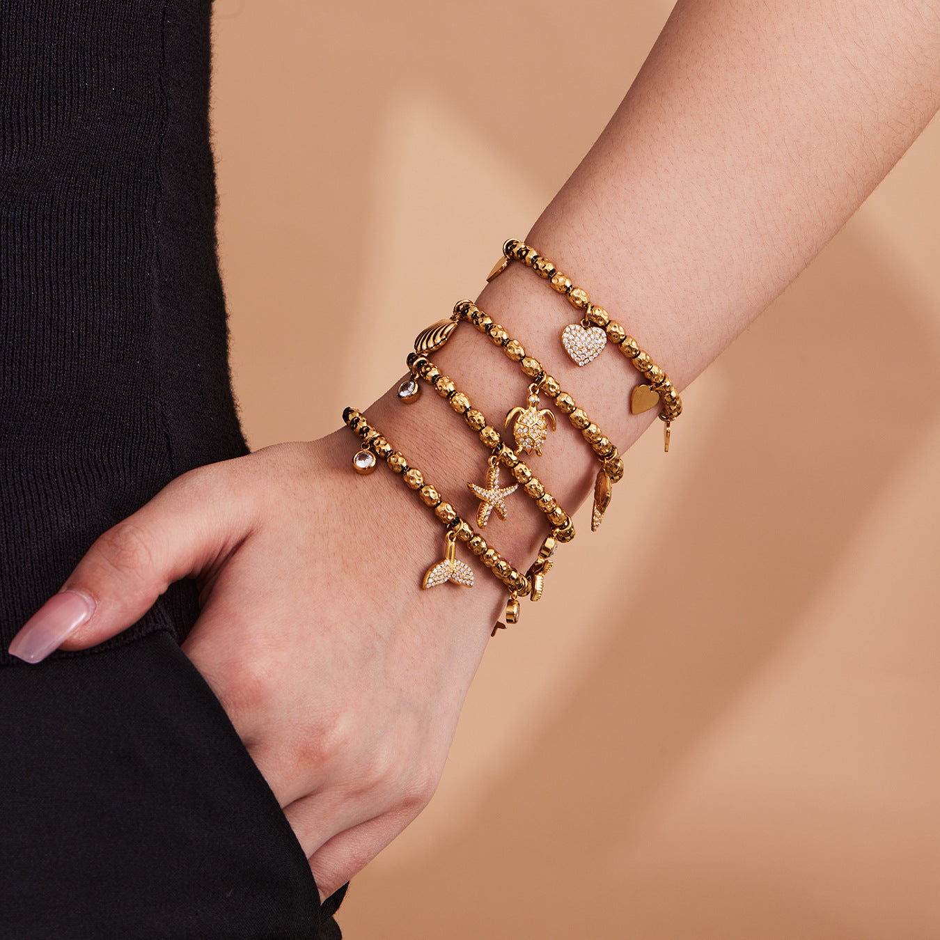 316L Stainless Steel 18K Gold Plated Zircon Mermaid Tail & Starfish Charm Beaded Bracelet - Image 8