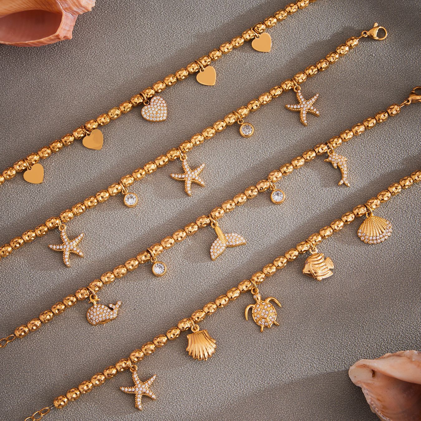 316L Stainless Steel 18K Gold Plated Zircon Mermaid Tail & Starfish Charm Beaded Bracelet - Image 9