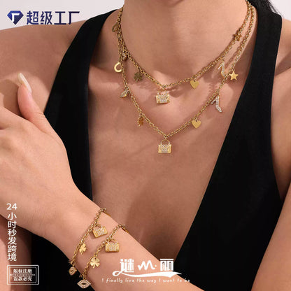 316L Stainless Steel 18K Gold Plated Zircon Padlock Heart Clover Necklace & Bracelet Set - Image 1