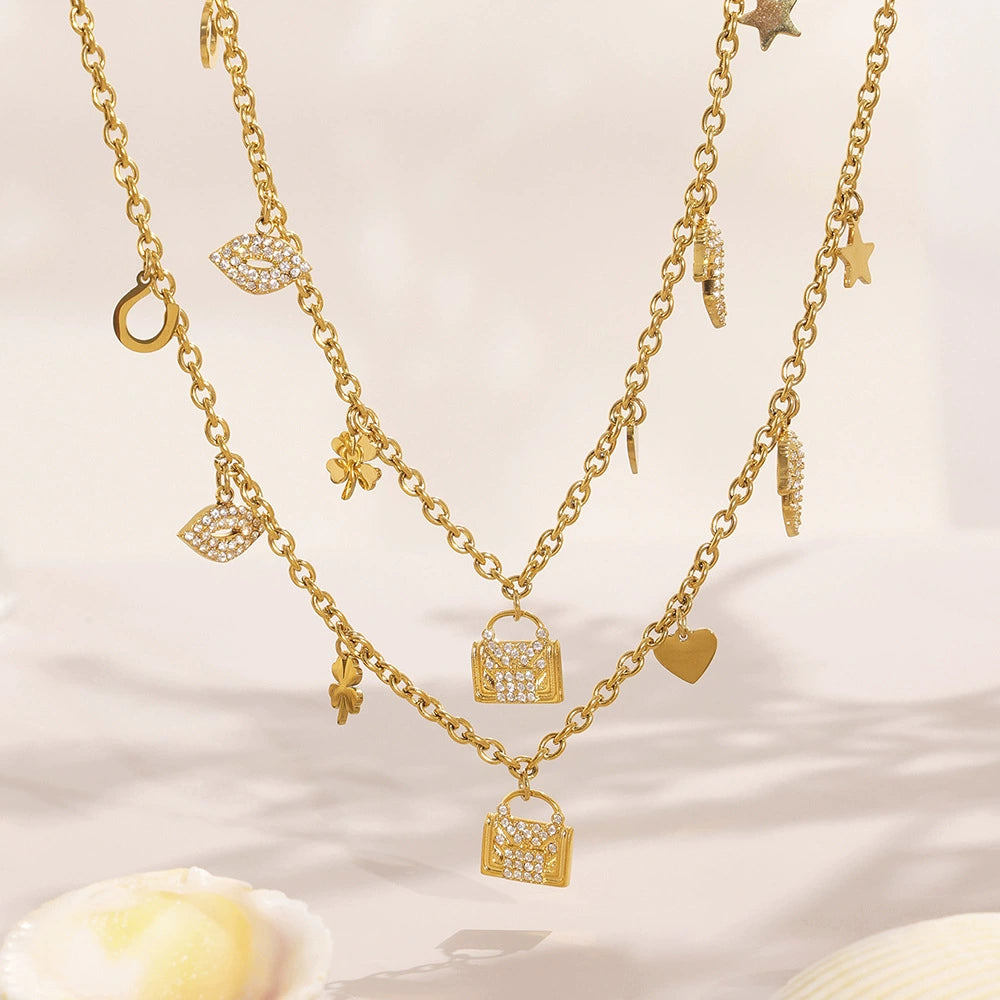 316L Stainless Steel 18K Gold Plated Zircon Padlock Heart Clover Necklace & Bracelet Set - Image 2