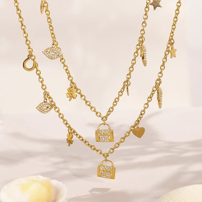 316L Stainless Steel 18K Gold Plated Zircon Padlock Heart Clover Necklace & Bracelet Set - Image 2