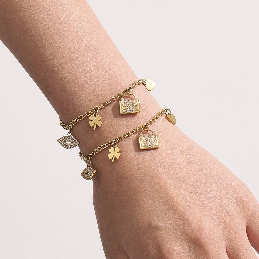 316L Stainless Steel 18K Gold Plated Zircon Padlock Heart Clover Necklace & Bracelet Set - Image 3