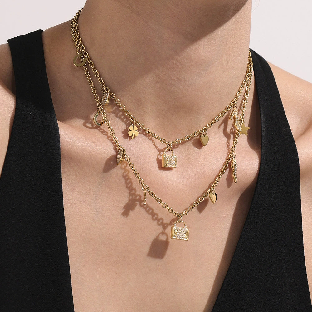 316L Stainless Steel 18K Gold Plated Zircon Padlock Heart Clover Necklace & Bracelet Set - Image 4