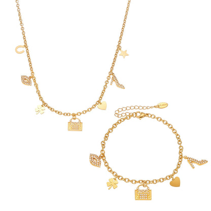 316L Stainless Steel 18K Gold Plated Zircon Padlock Heart Clover Necklace & Bracelet Set - Image 5