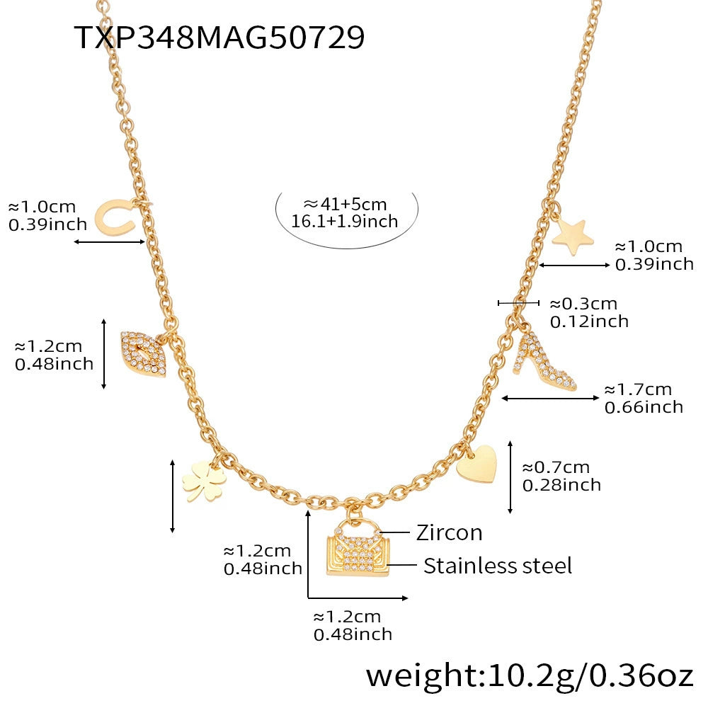 316L Stainless Steel 18K Gold Plated Zircon Padlock Heart Clover Necklace & Bracelet Set - Image 6