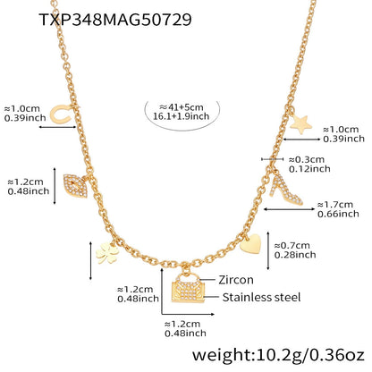 316L Stainless Steel 18K Gold Plated Zircon Padlock Heart Clover Necklace & Bracelet Set - Image 6
