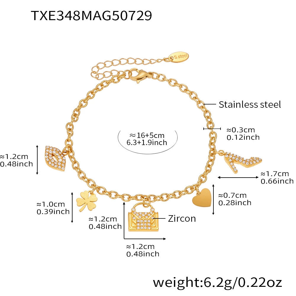 316L Stainless Steel 18K Gold Plated Zircon Padlock Heart Clover Necklace & Bracelet Set - Image 7