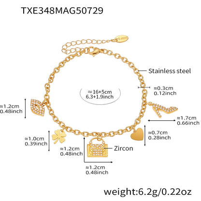 316L Stainless Steel 18K Gold Plated Zircon Padlock Heart Clover Necklace & Bracelet Set - Image 7