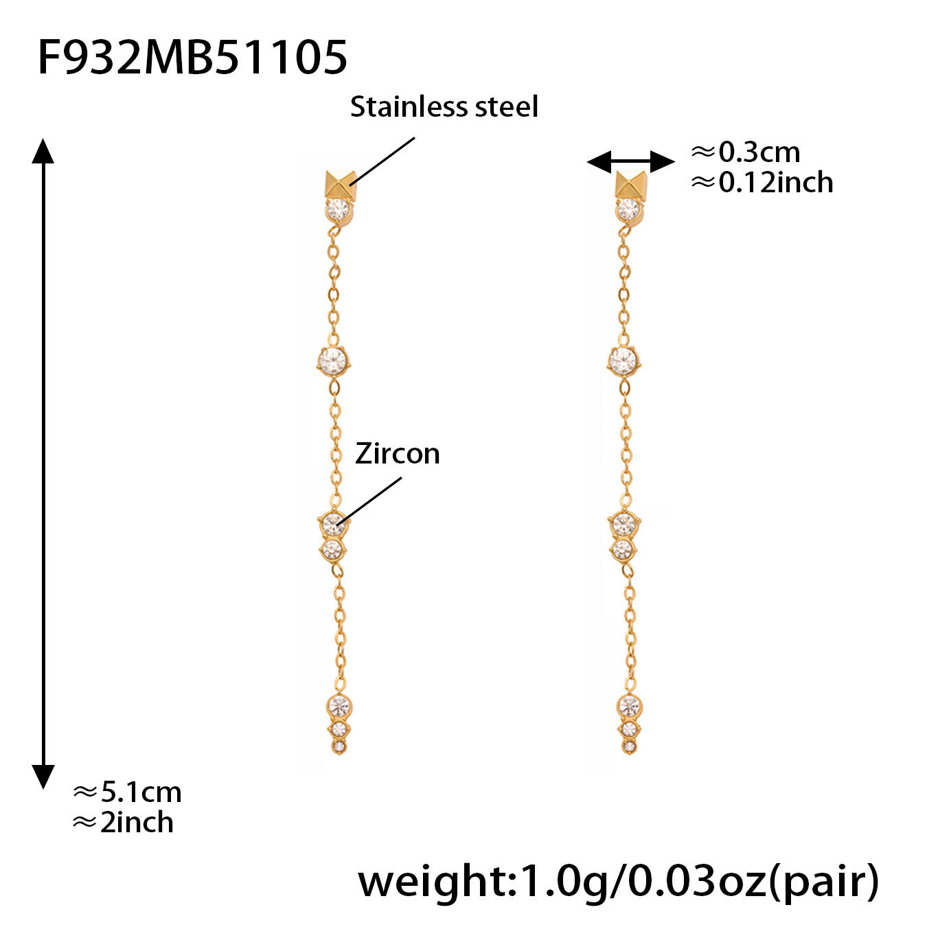 316L Stainless Steel 18K Gold Plated Zircon Tassel Stud Earrings - Image 1