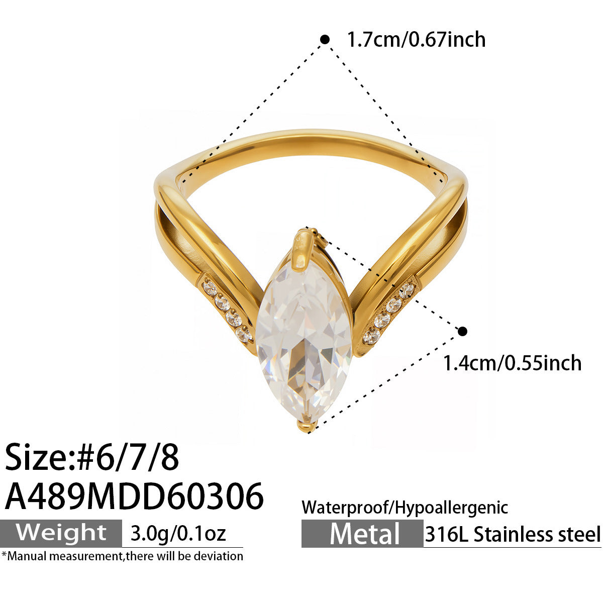 316L Stainless Steel 18K Gold Plated Zirconia Inlaid Exquisite Ring -  Sensitive Skin Friendly - Detail 25