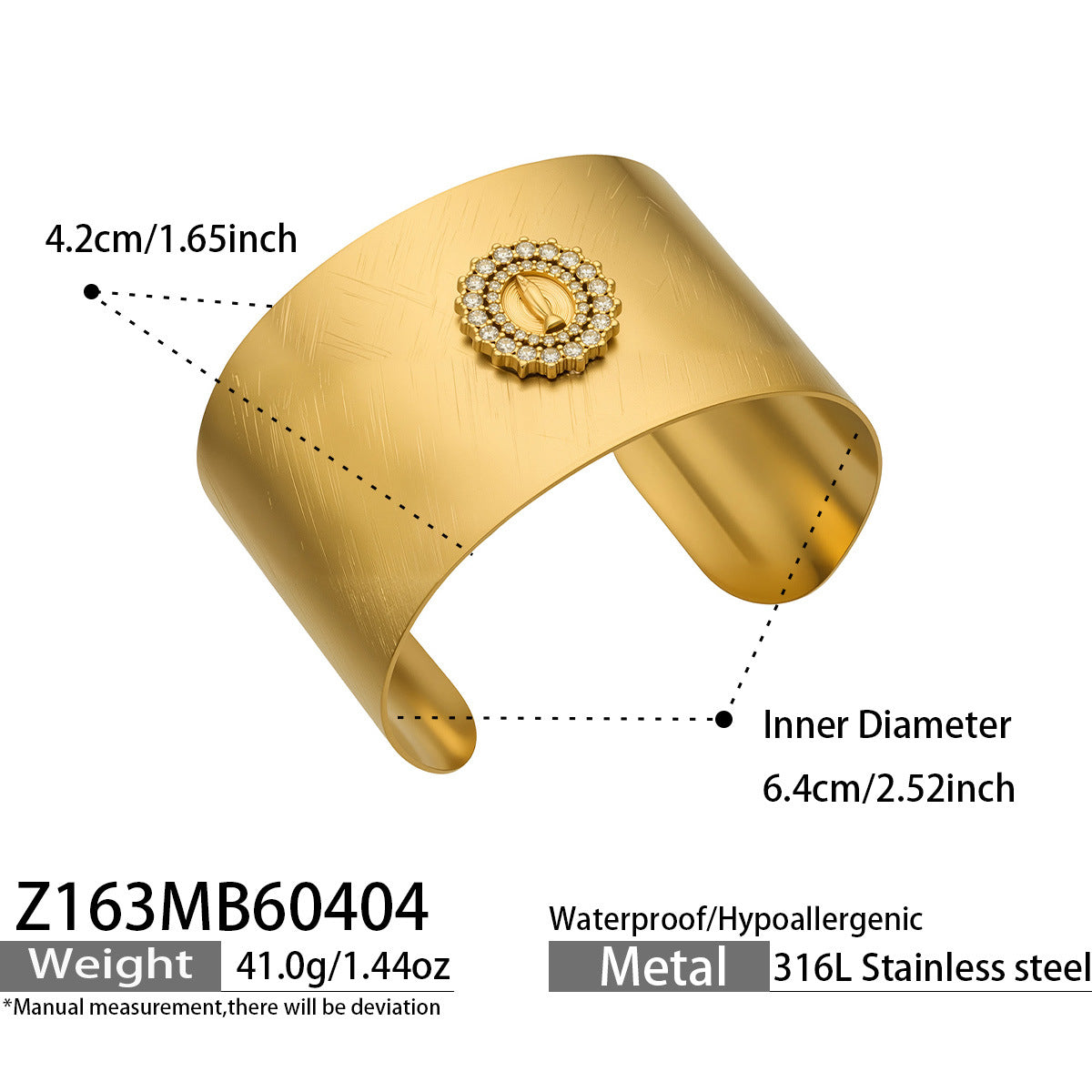 316L Stainless Steel 18K Gold PVD 5A Zircon Cross Open Bangle Bracelet - 5A Zircon, Cross Design, Open Bangle, 18K Gold Plated Wholesale Stainless Steel Jewelry - Sensitive Skin Friendly - Detail 1