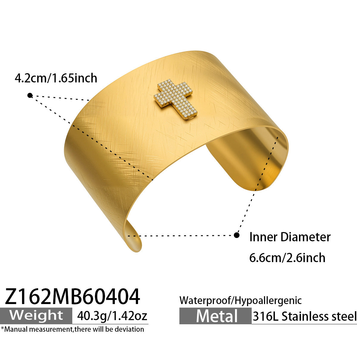 316L Stainless Steel 18K Gold PVD 5A Zircon Cross Open Bangle Bracelet - 5A Zircon, Cross Design, Open Bangle, 18K Gold Plated Wholesale Stainless Steel Jewelry - Sensitive Skin Friendly - Detail 13