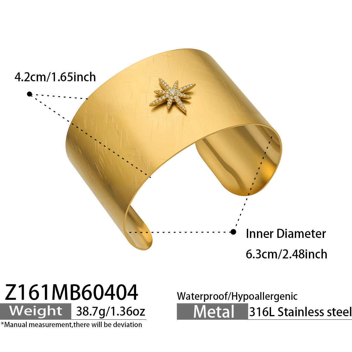 316L Stainless Steel 18K Gold PVD 5A Zircon Cross Open Bangle Bracelet - 5A Zircon, Cross Design, Open Bangle, 18K Gold Plated Wholesale Stainless Steel Jewelry - Sensitive Skin Friendly - Detail 4