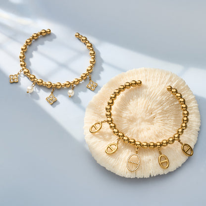 316L Stainless Steel 18K Gold PVD 5A Zircon Pig Nose Link Bangle - Gold Pig Nose Bangle, Zircon Embellished, Delicate Link, Light Luxury Wholesale Stainless Steel Jewelry - Sensitive Skin Friendly - Detail 13