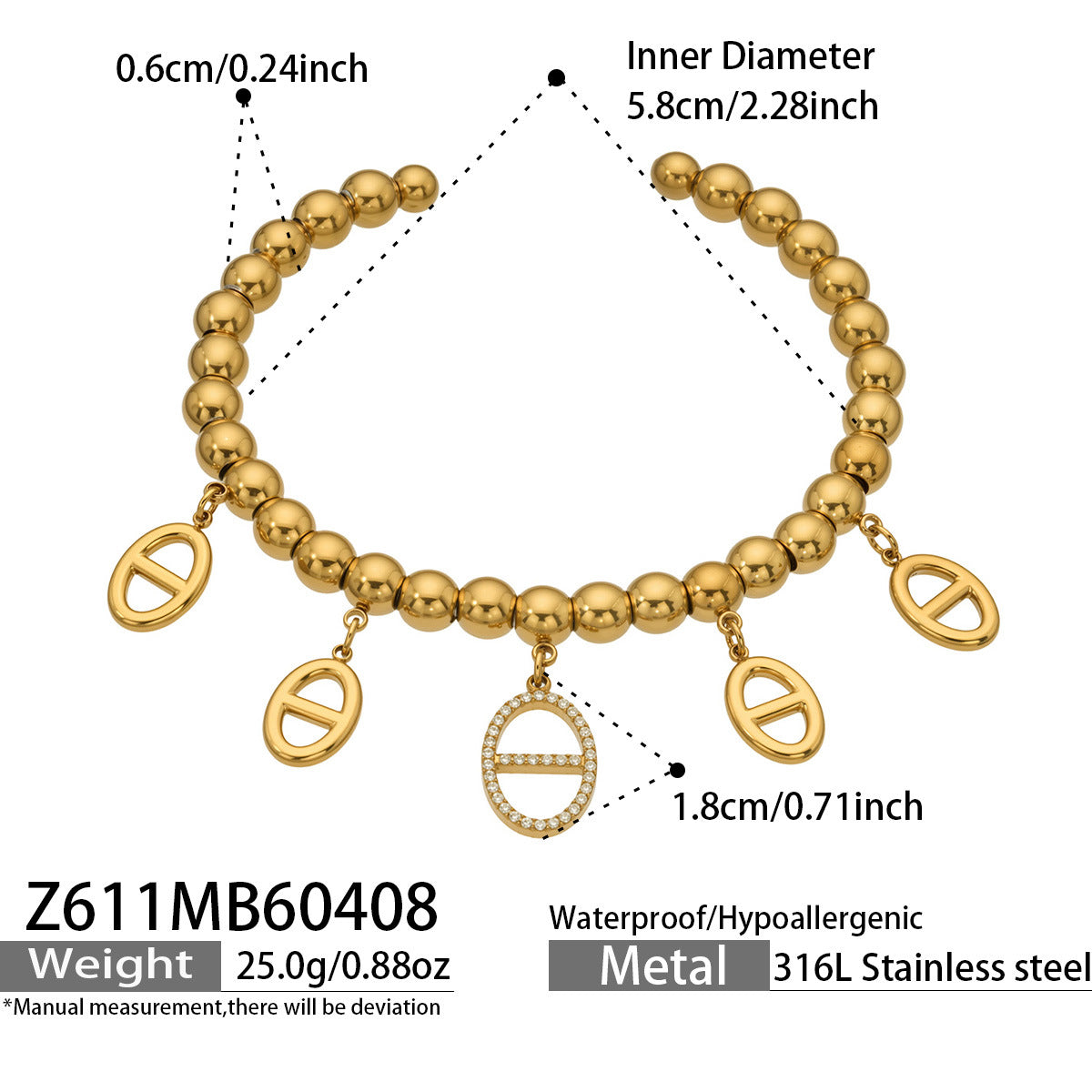 316L Stainless Steel 18K Gold PVD 5A Zircon Pig Nose Link Bangle - Gold Pig Nose Bangle, Zircon Embellished, Delicate Link, Light Luxury Wholesale Stainless Steel Jewelry - Sensitive Skin Friendly - Detail 15