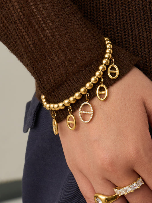 316L Stainless Steel 18K Gold PVD 5A Zircon Pig Nose Link Bangle - Gold Pig Nose Bangle, Zircon Embellished, Delicate Link, Light Luxury Wholesale Stainless Steel Jewelry - Sensitive Skin Friendly - Detail 2