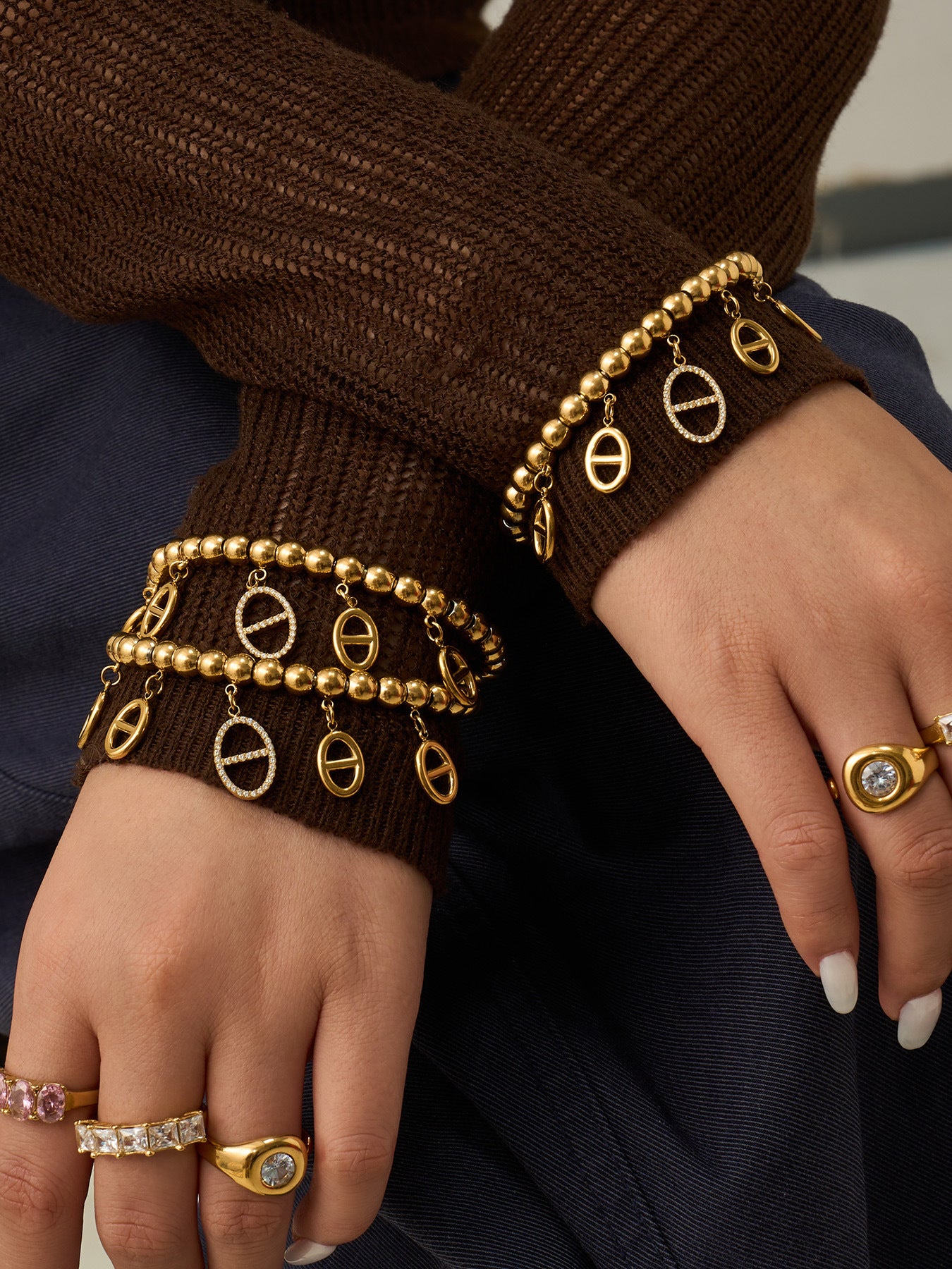 316L Stainless Steel 18K Gold PVD 5A Zircon Pig Nose Link Bangle - Gold Pig Nose Bangle, Zircon Embellished, Delicate Link, Light Luxury Wholesale Stainless Steel Jewelry - Sensitive Skin Friendly - Detail 4