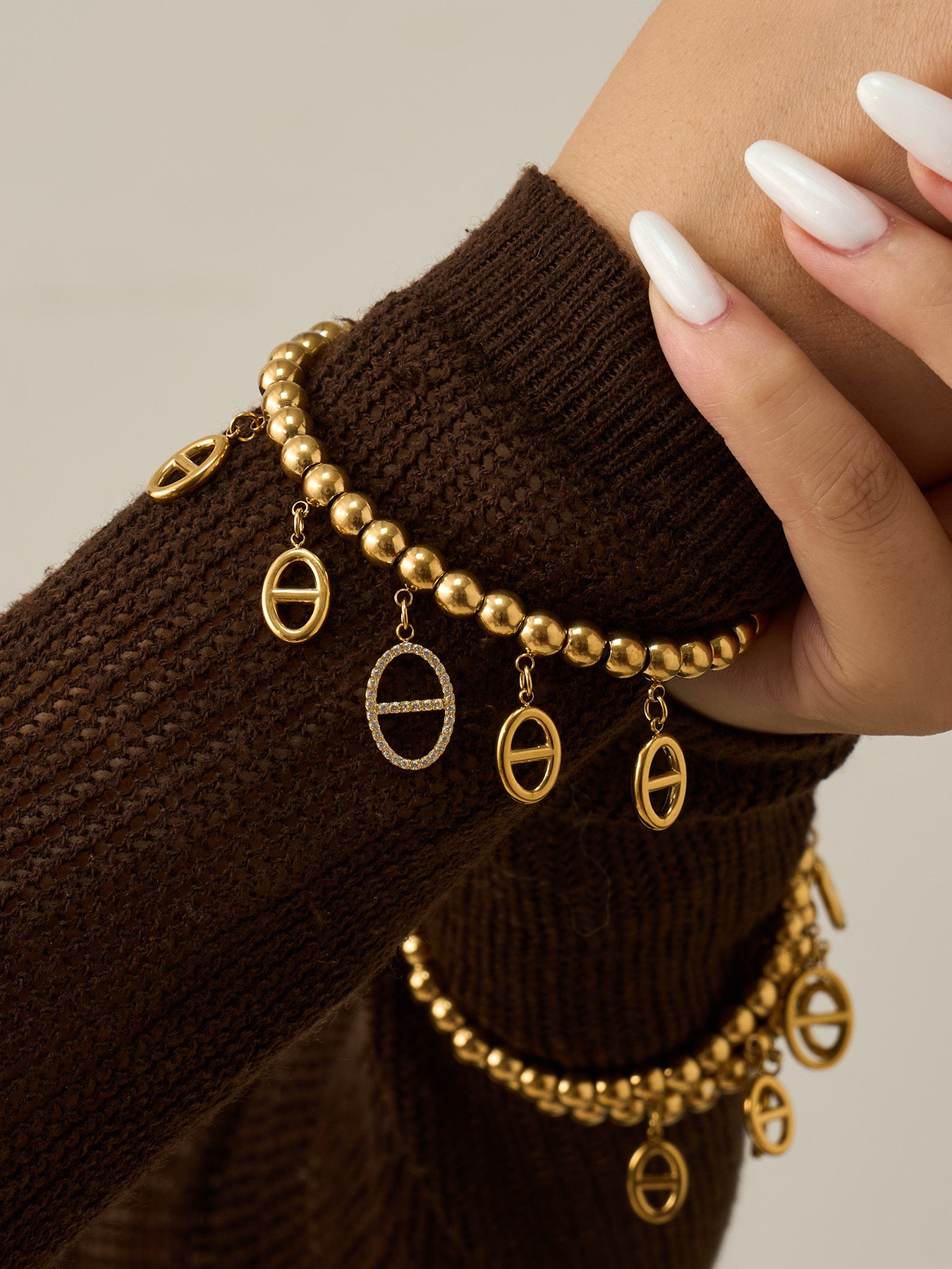 316L Stainless Steel 18K Gold PVD 5A Zircon Pig Nose Link Bangle - Gold Pig Nose Bangle, Zircon Embellished, Delicate Link, Light Luxury Wholesale Stainless Steel Jewelry - Sensitive Skin Friendly - Detail 5