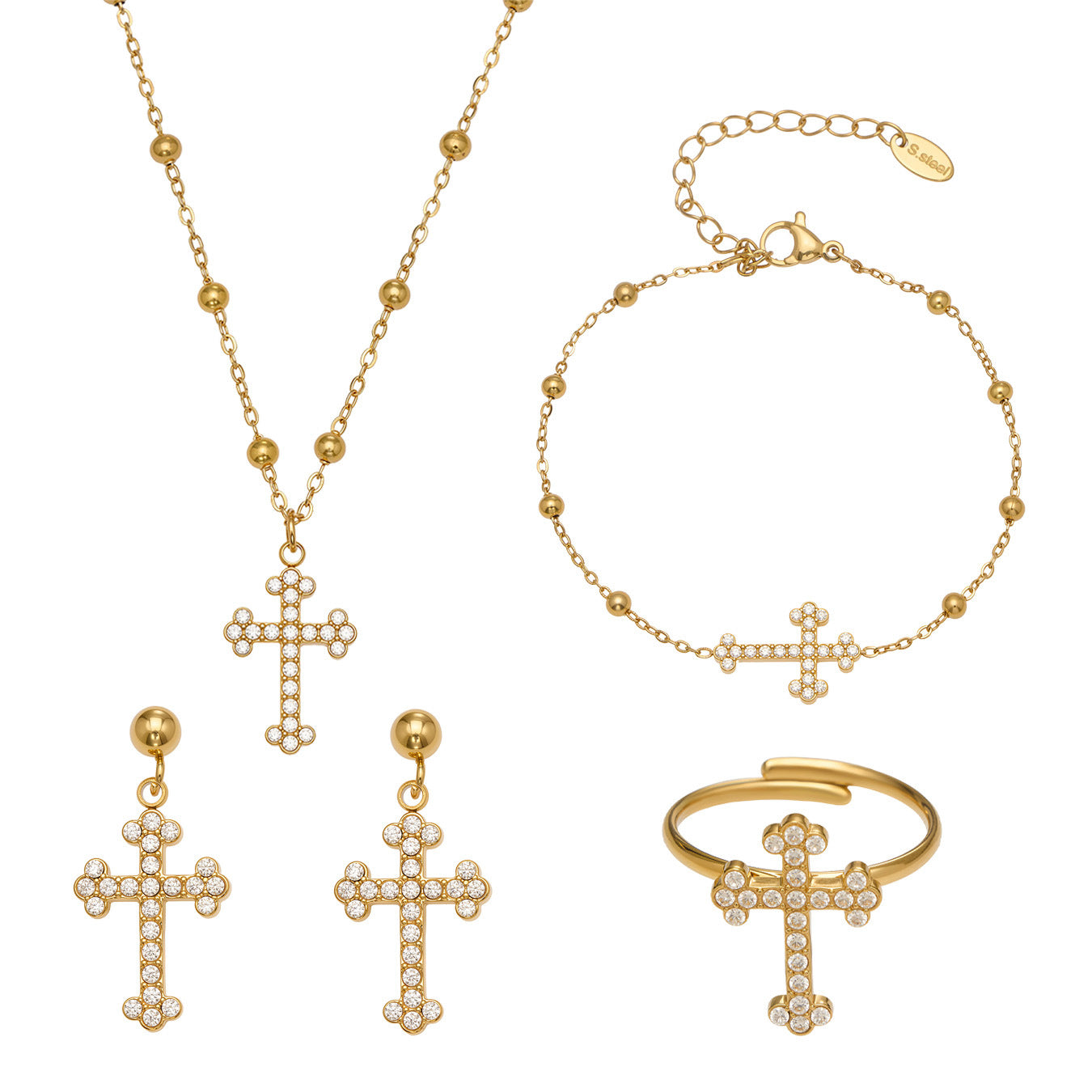 A complete 316L stainless steel cross jewelry set featuring a gold pendant necklace, matching zirconia bracelet, stud earrings, and an adjustable ring.