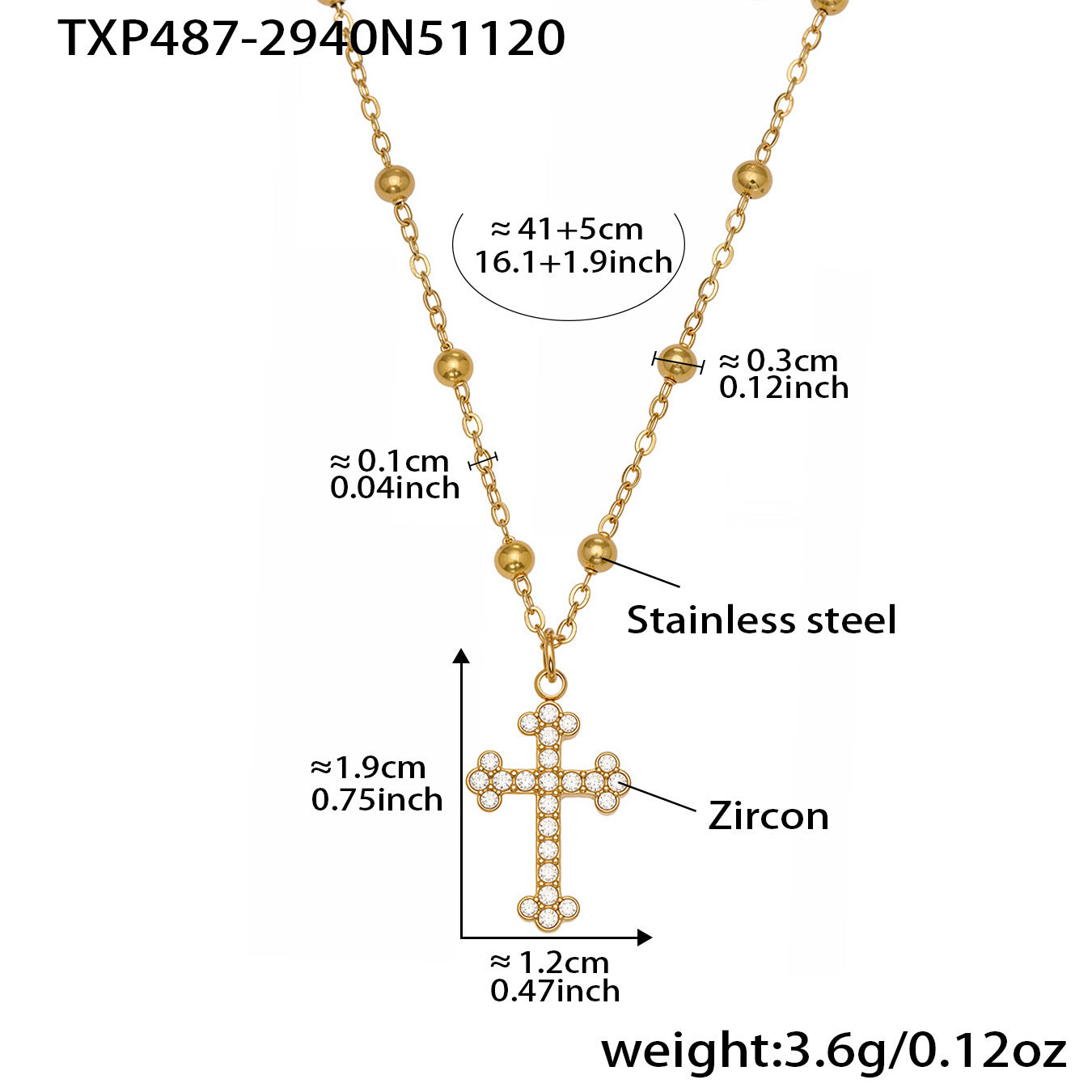 Product dimension sheet for the 18K gold cross pendant necklace featuring an adjustable chain and surgical-grade steel material specs.