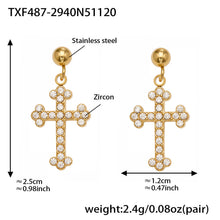 Detailed measurement guide for the hypoallergenic zirconia cross stud earrings, demonstrating the high-quality gold PVD coating.
