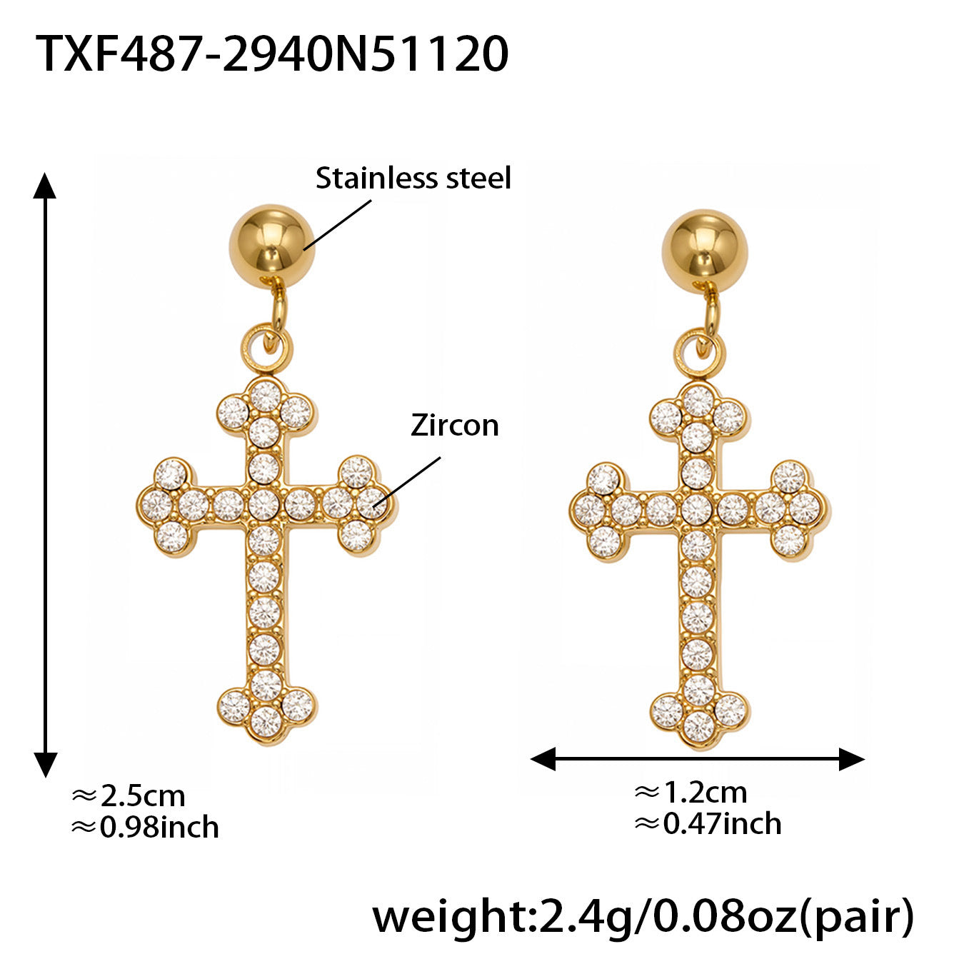 Detailed measurement guide for the hypoallergenic zirconia cross stud earrings, demonstrating the high-quality gold PVD coating.