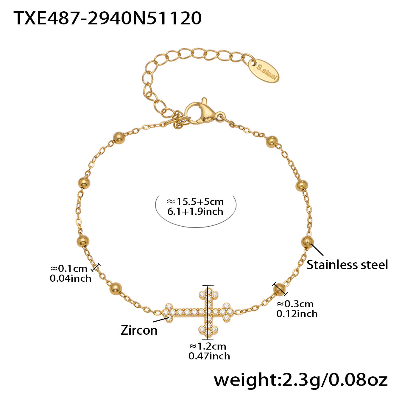 Specification chart for the waterproof cross charm bracelet, providing weight and size details for professional jewelry retailers.