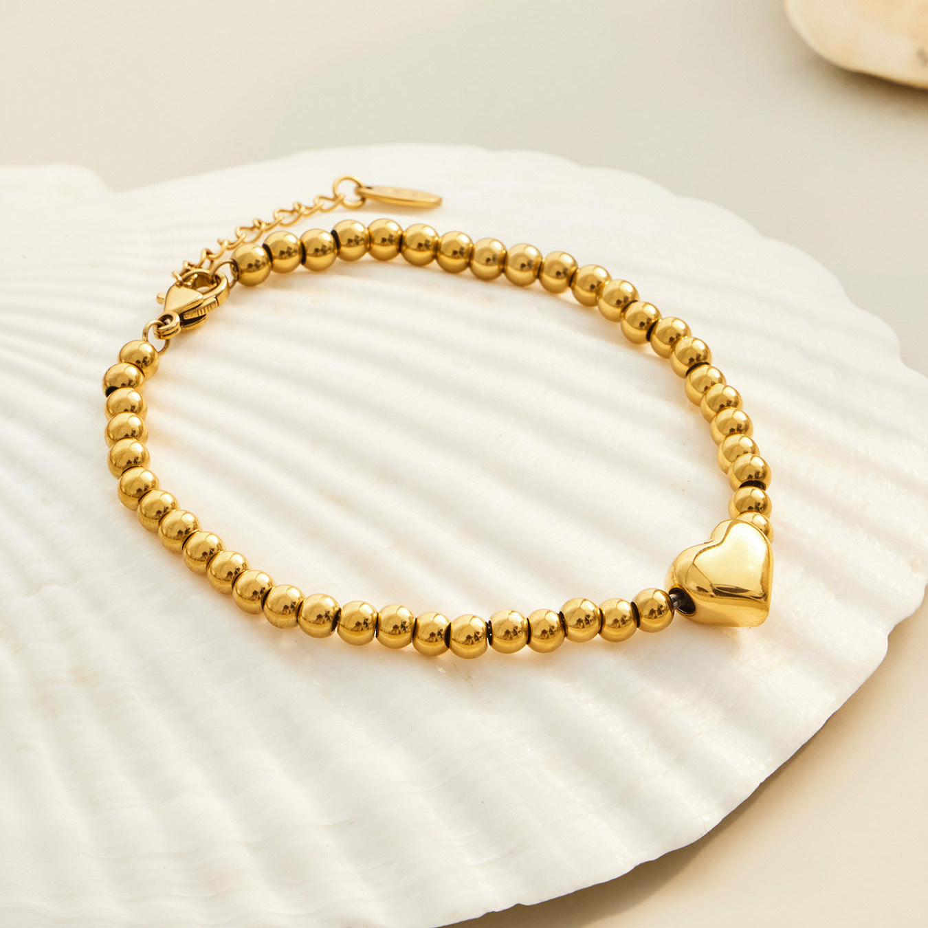 316L Stainless Steel 18K Gold PVD Adjustable Heart Bead Bracelet - Adjustable Gold Heart Bead Bracelet Wholesale Stainless Steel Jewelry - Sensitive Skin Friendly - Detail 11