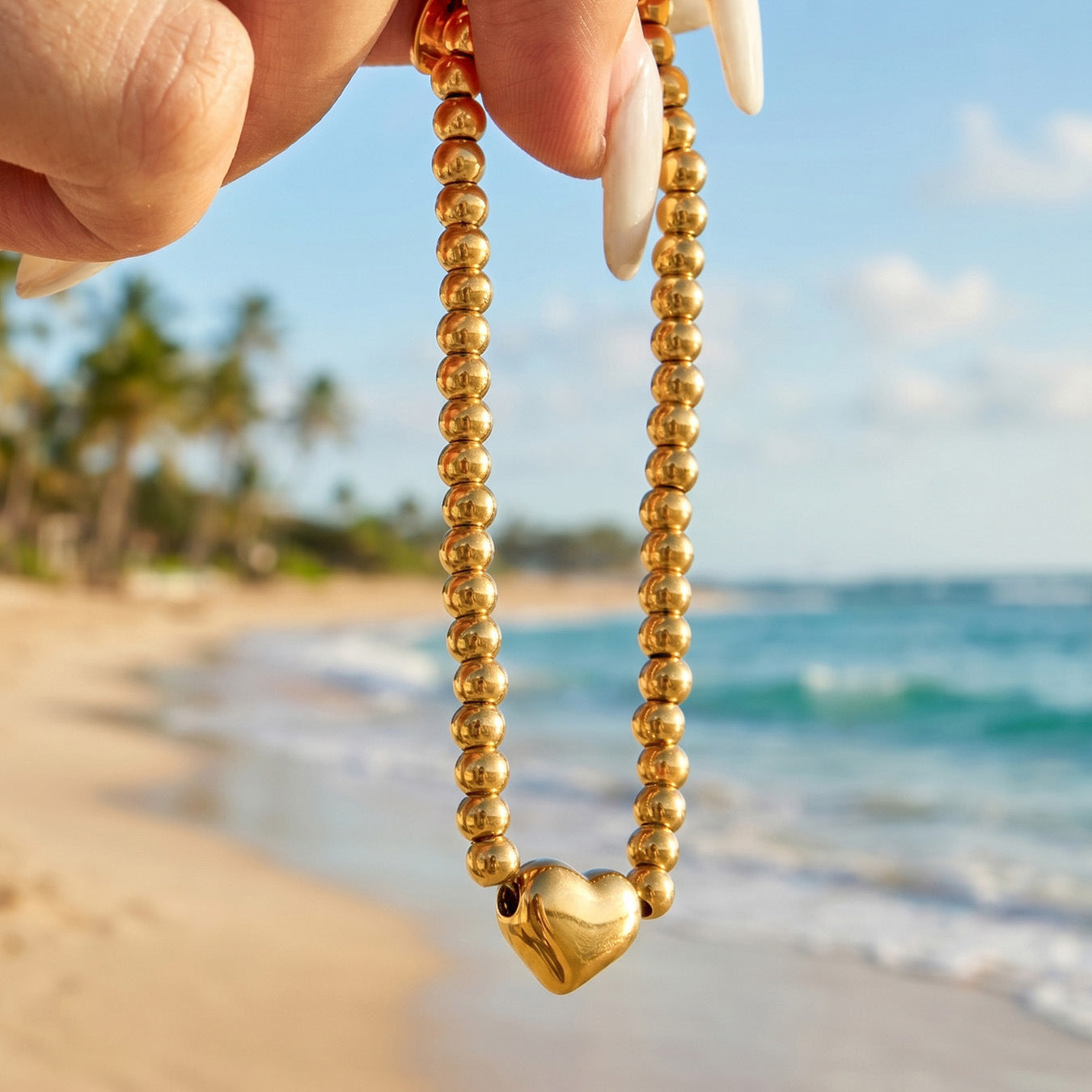 316L Stainless Steel 18K Gold PVD Adjustable Heart Bead Bracelet - Adjustable Gold Heart Bead Bracelet Wholesale Stainless Steel Jewelry - Sensitive Skin Friendly - Detail 3
