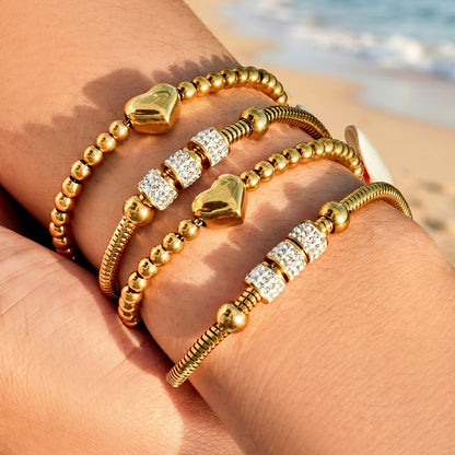 316L Stainless Steel 18K Gold PVD Adjustable Heart Bead Bracelet - Adjustable Gold Heart Bead Bracelet Wholesale Stainless Steel Jewelry - Sensitive Skin Friendly - Detail 4