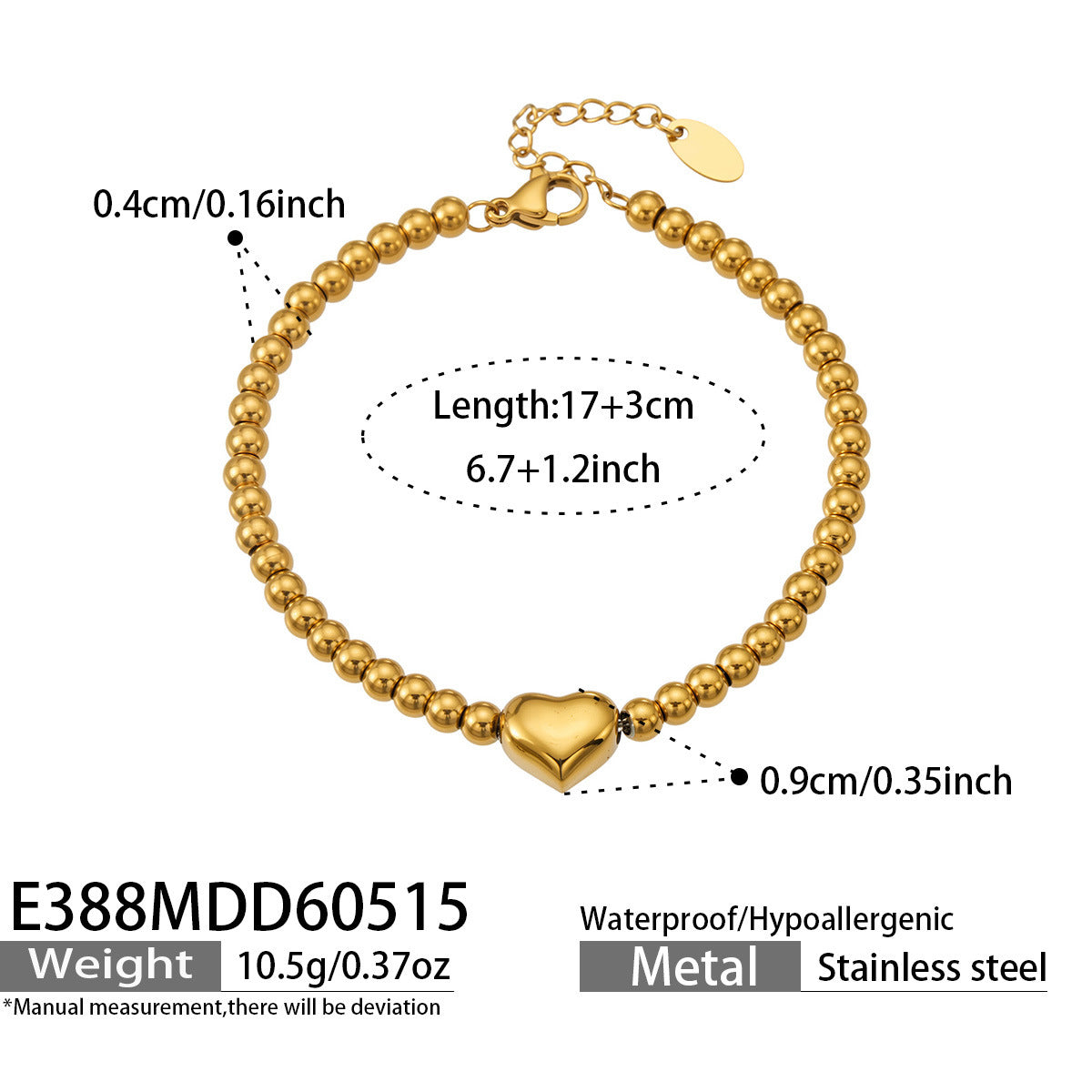 316L Stainless Steel 18K Gold PVD Adjustable Heart Bead Bracelet - Adjustable Gold Heart Bead Bracelet Wholesale Stainless Steel Jewelry - Sensitive Skin Friendly - Detail 8