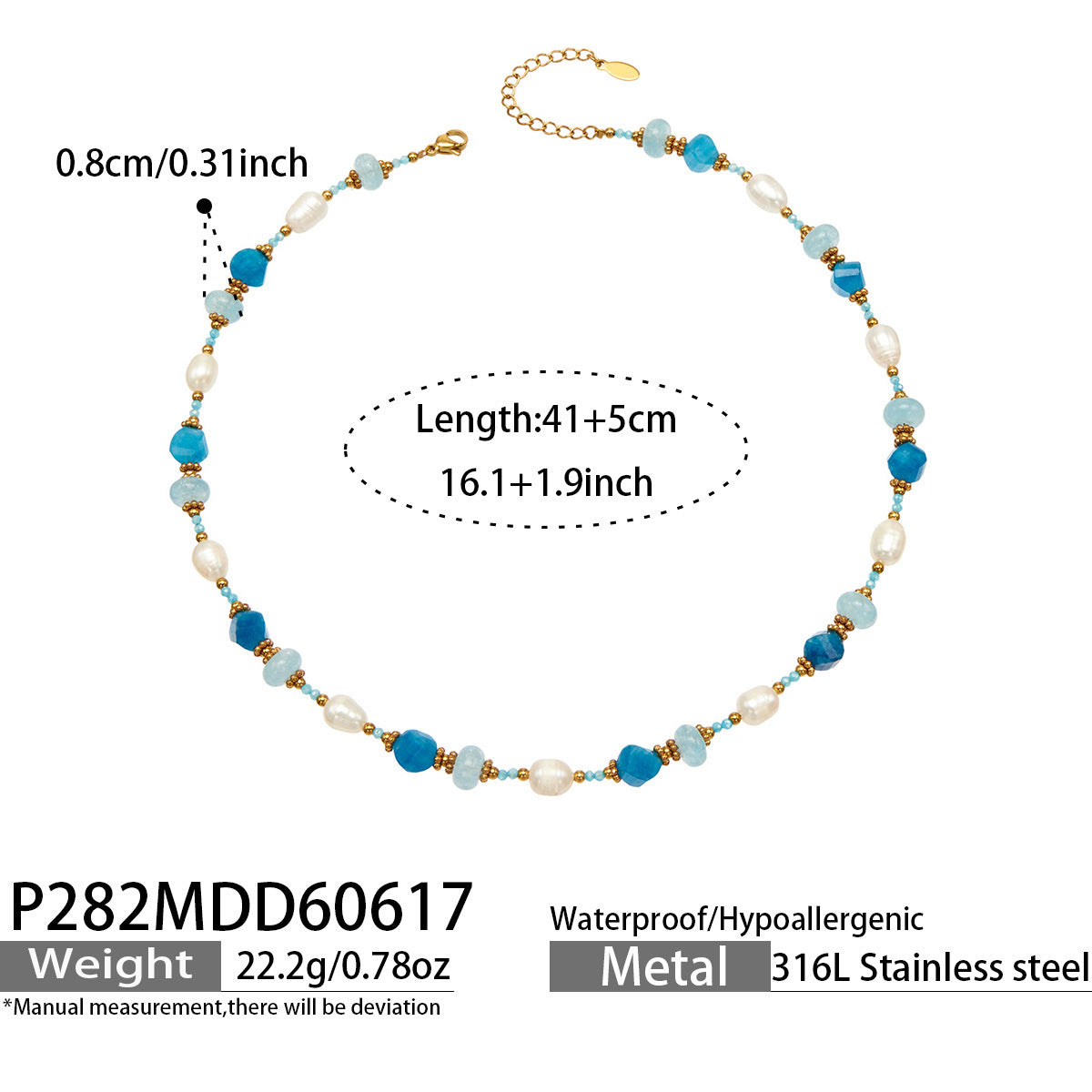 316L Stainless Steel 18K Gold PVD Aquamarine Pearl Necklace - Aquamarine Pearl Necklace Wholesale Stainless Steel Jewelry - Sensitive Skin Friendly - Detail 12